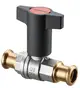 Oventrop Kugelhahn mit Kunststoff-Knebelgriff und Pressanschluss, aus Messing, vernickelt. Kompakt und funktional, geeignet für verschiedene Rohrsysteme.